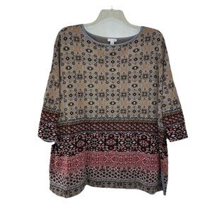 J Jill Linen Cotton Blend Geometric Pullover Womens XL  Relaxed Fit 3/4 Sleeve